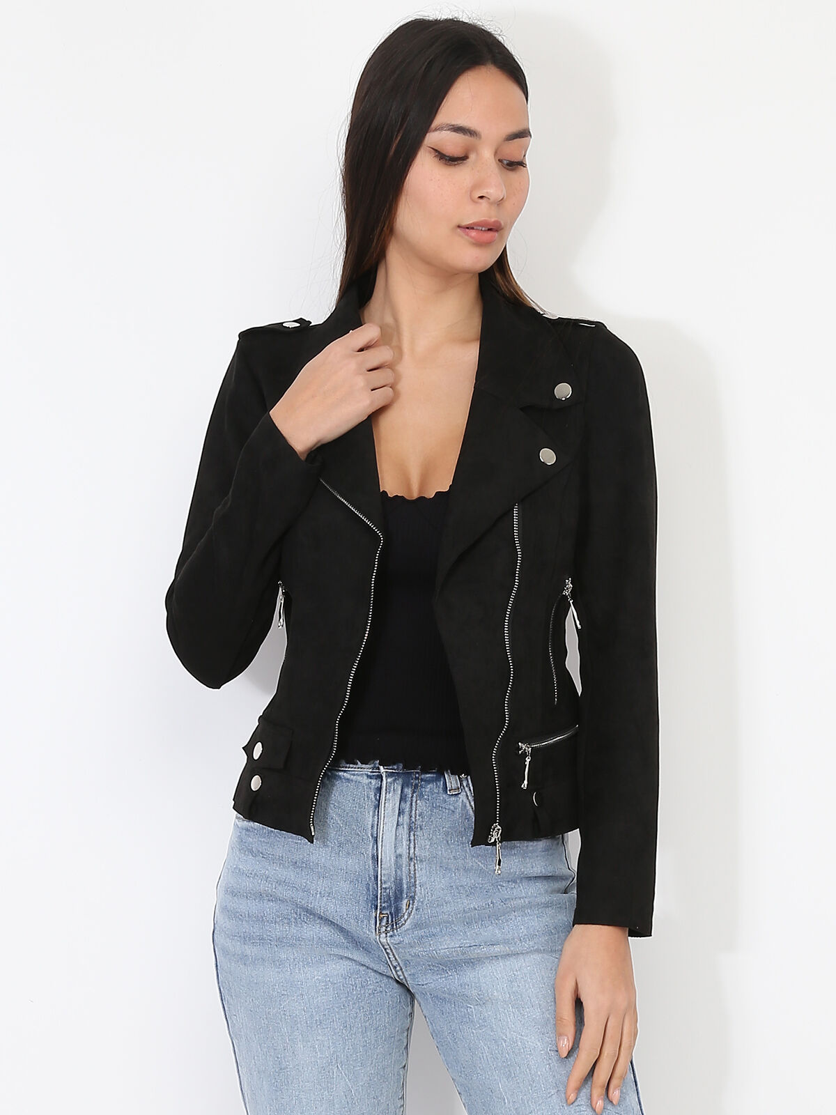 Veste biker ajustée en suédine- Noir