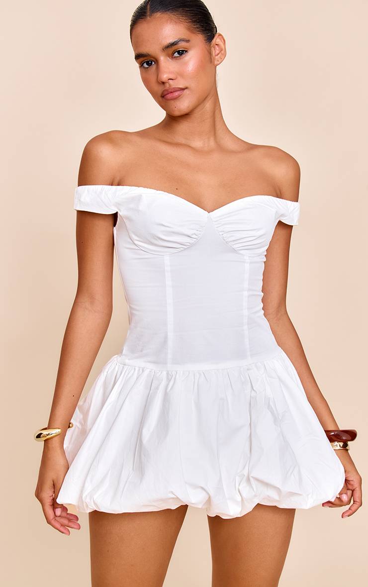 Blanc Robe Mini Bouffante À Épaules Dénudées