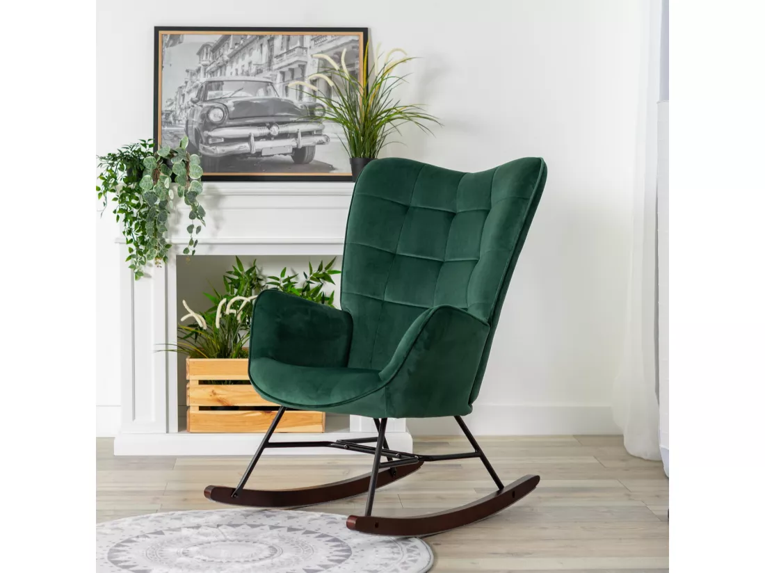 MEUBLES COSY FUNKEL Fabric Grey Rock Fauteuil à Bascule Allaitement Rétro Chaise Loisir et Repos en Velours avec Pieds en E' Bois Métal pour Salon, Chambre, Massif, Vert, 66x84x97cm
