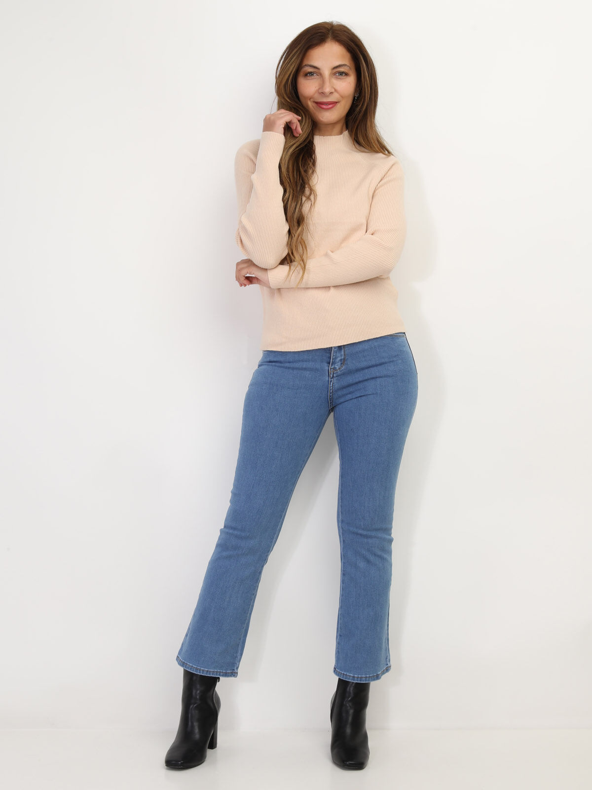 Pull côtelé à col montant- Beige