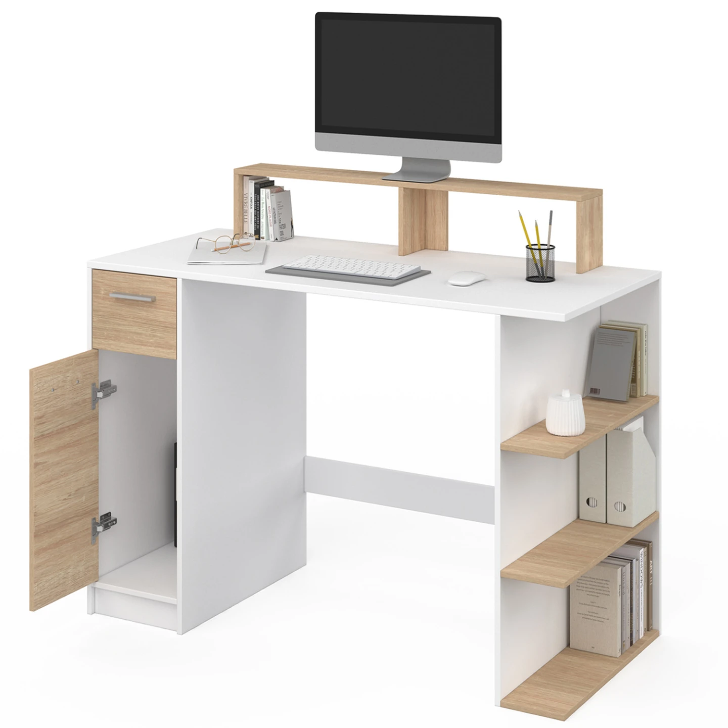 Bureau avec rangement MAY support ordinateur blanc et bois