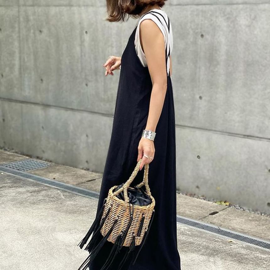 Lewwe - Spaghettibandjes Scoop Neck Effen Maxi Overall Jurk