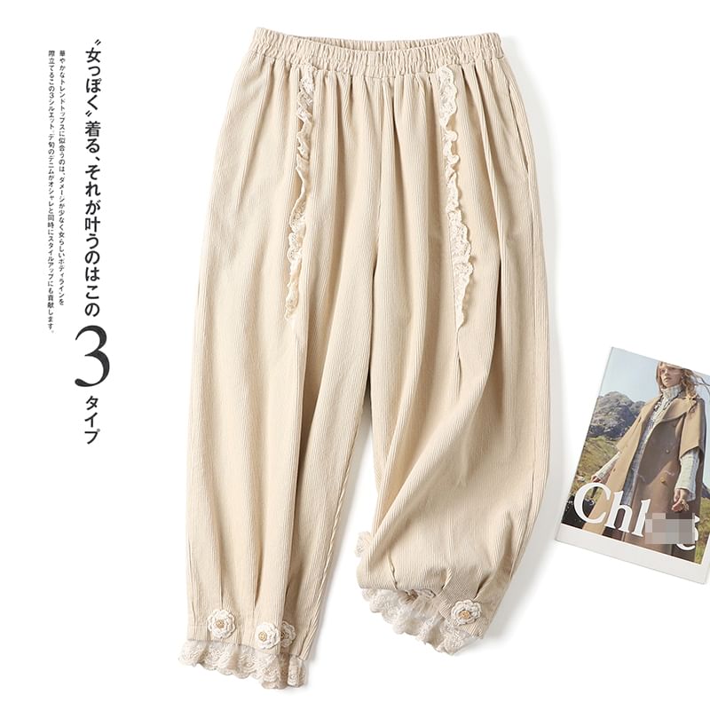 CosmoCorner - Corduroy cropped harembroek met elastische taille en bloemenaccent