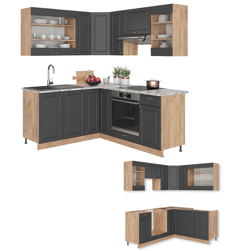 Vicco Eckküche Küchenzeile Einbauküche Fame-Line Landhaus Eiche Anthrazit Gold 190 cm Schubunterschrank Spülenunterschrank Eckunterschrank Herdumbauschrank Hängeglasschrank Hängeschrank