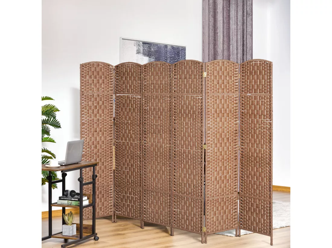 Paravent séparateur de pièce pliable 6 panneaux dim. 270L x 180H cm bois osier tressé