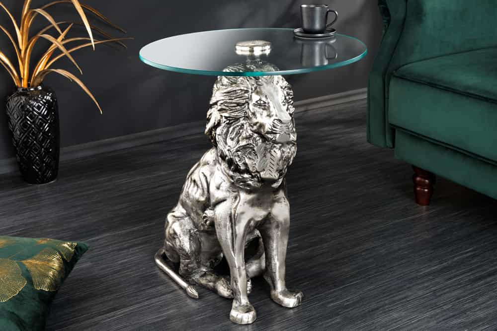 Runder Beistelltisch WILDLIFE LION 60cm silber antik Metall Glas Löwen Skulptur