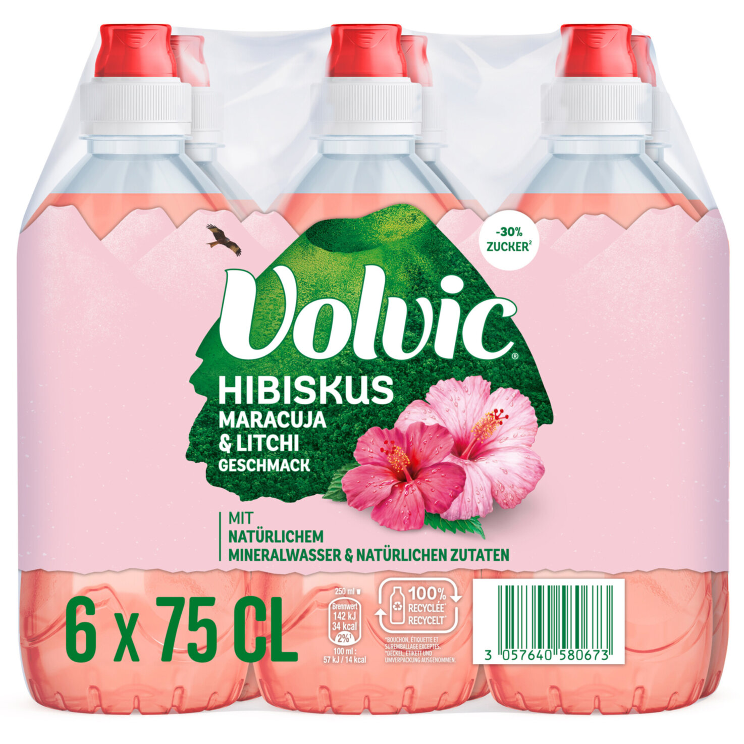 Volvic Hibiskus mit Maracuja- und Litschi Geschmack 6x75cl -450cl