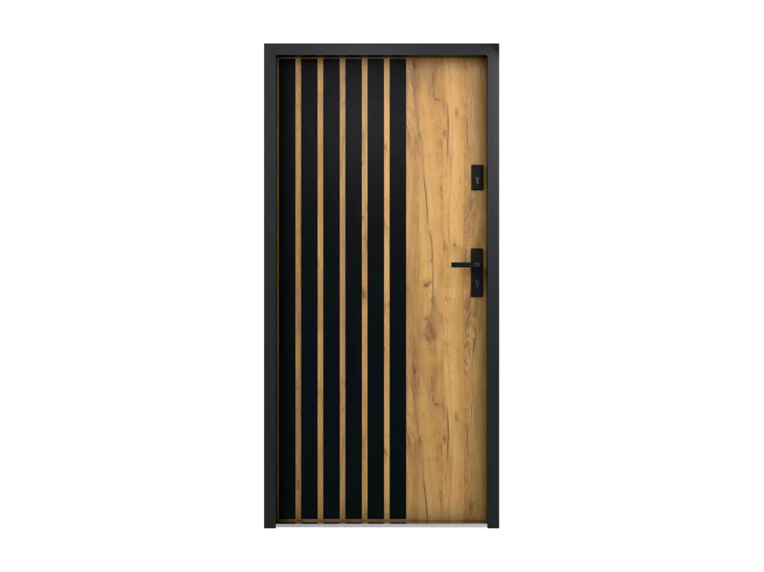 Porte d'entrée pleine en acier H207 x L100 cm - Effet chêne avec rayures noires - poussant gauche - COBRITA