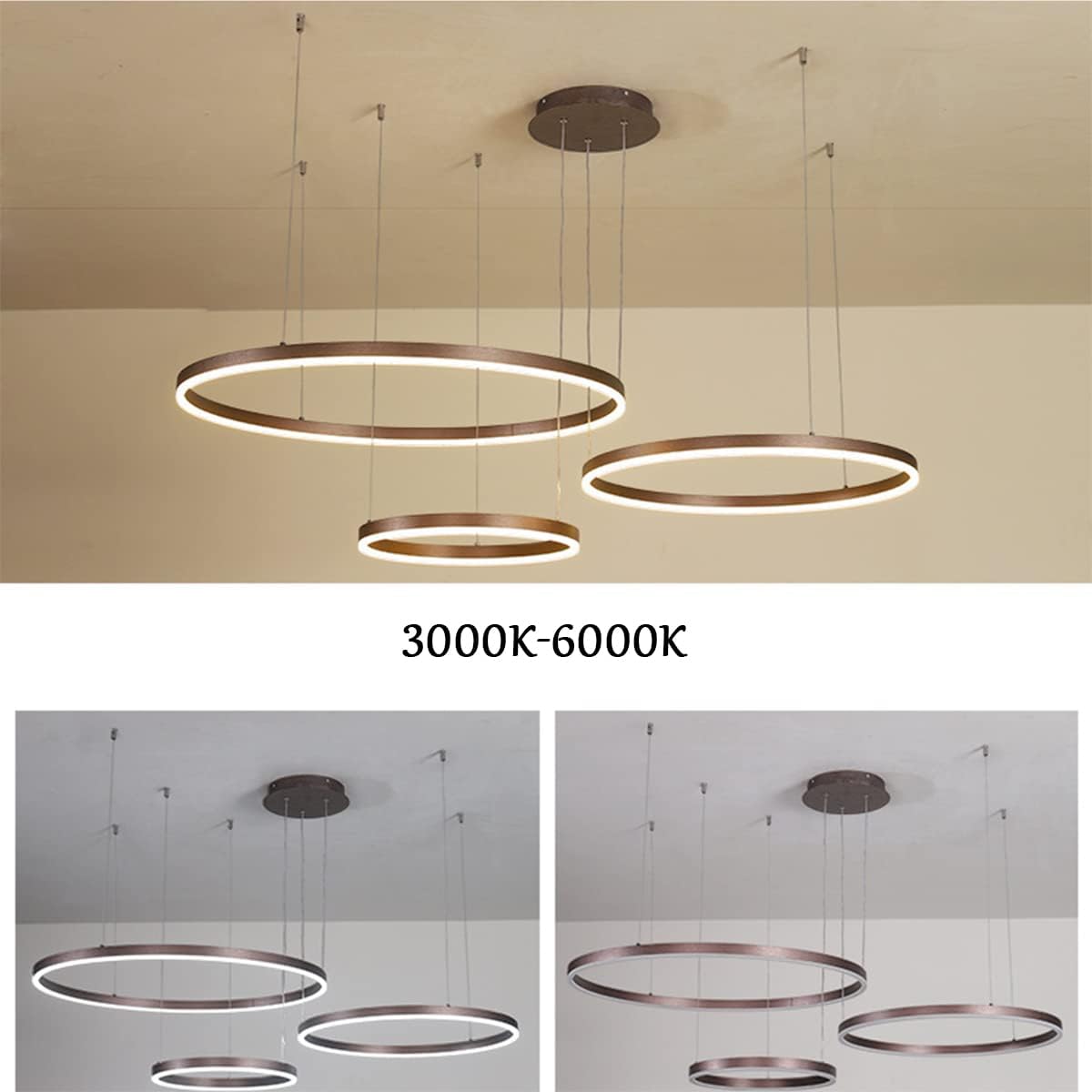 Modern 3 Ringe EsstischPendelleuchte 90W LED Wohnzimmer Kronleuchter Schick Hängeleuchte Schlafzimmer Salon EsszimmerLeuchter Verstellbare Höhe Kombination Hängelampe,Schwarz