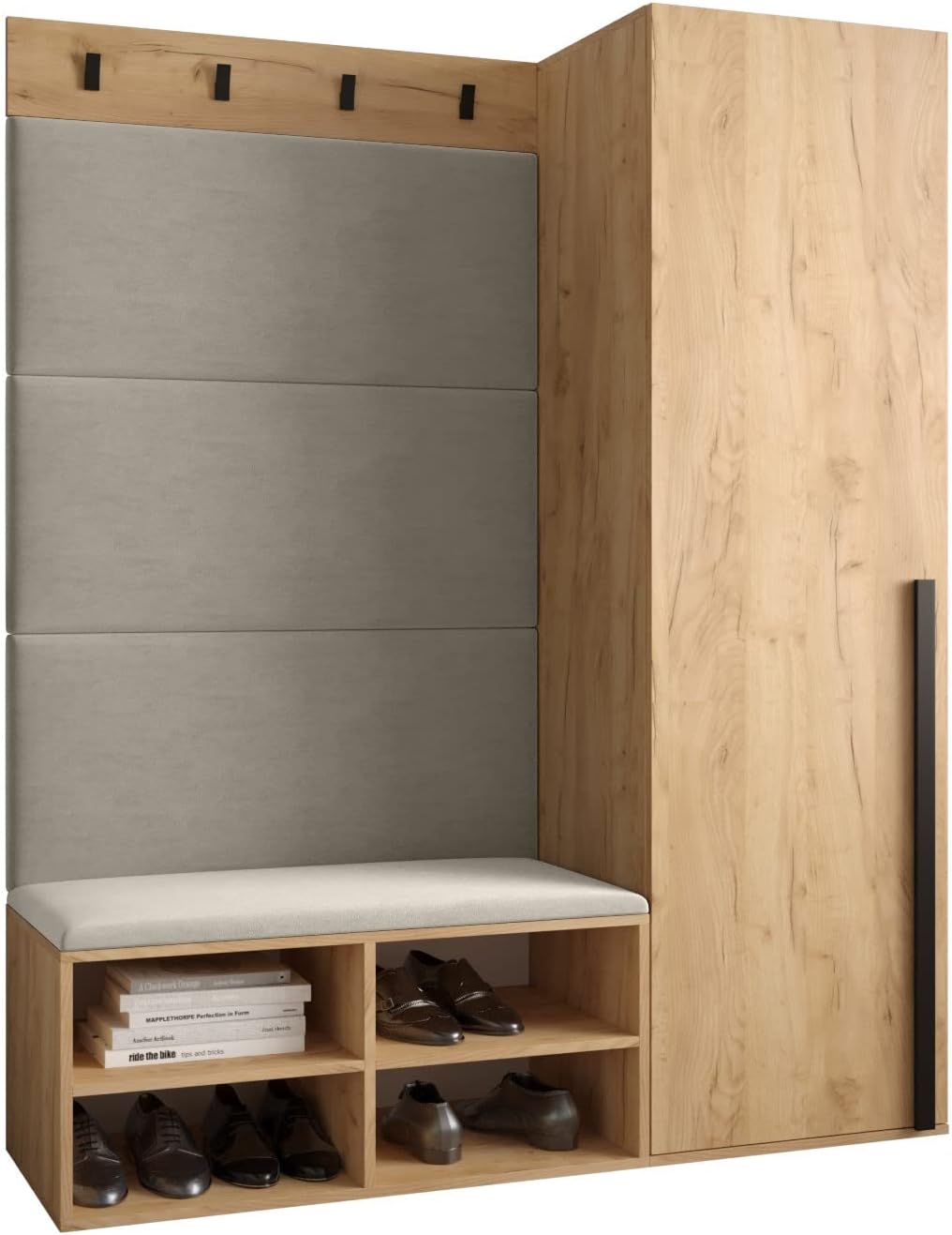 MEBLE KRYSPOL Garderobe MIRO Set 6 mit gepolsterten Paneelen Modern Design (Manila 02 (Creme), Eiche Kraft Gold + Schwarz Matt)