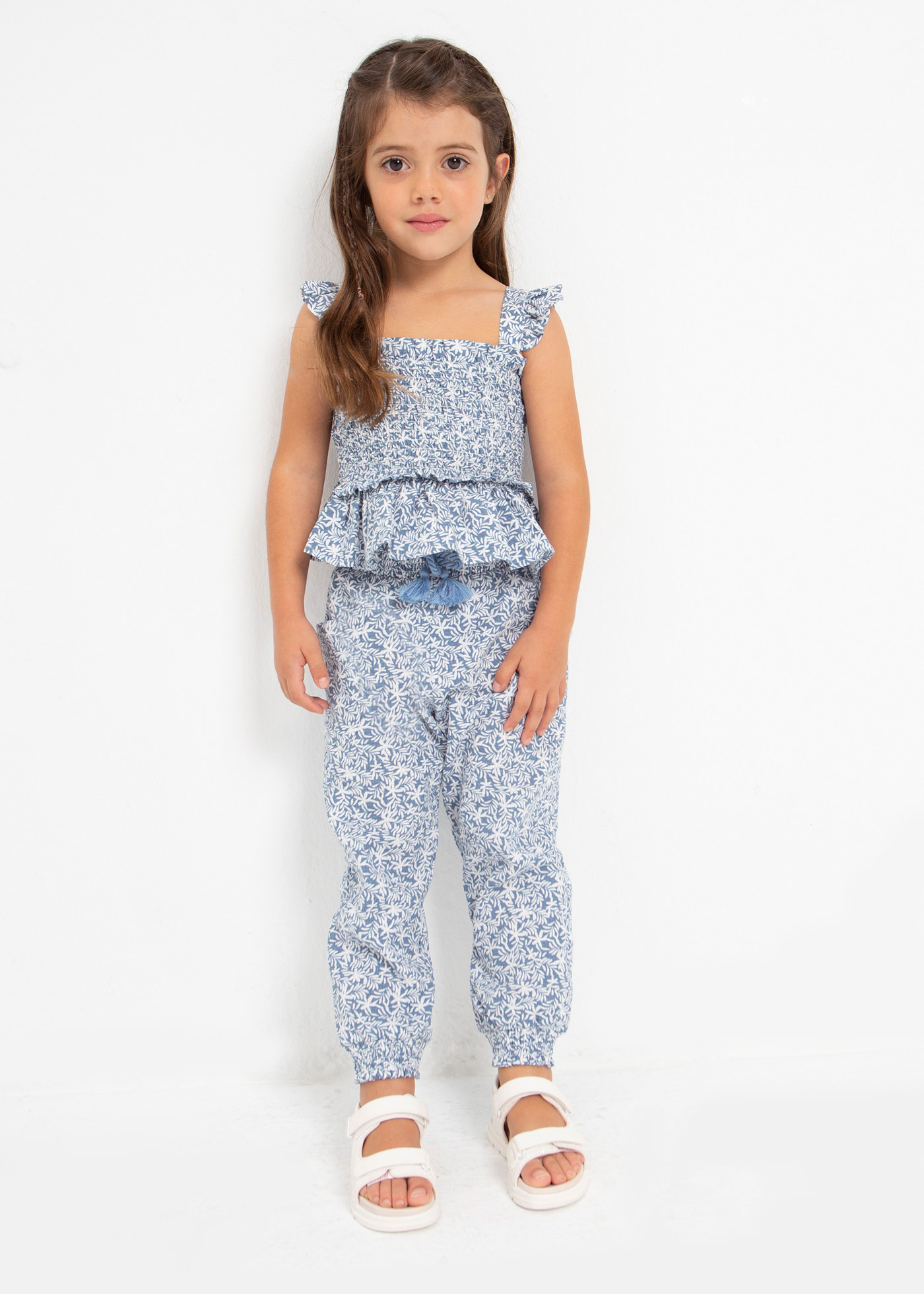 Camisola de algodão com detalhes franzidos para meninas