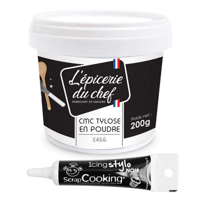 Colle alimentaire en poudre CMC 200 g + Stylo de glaçage noir Scrapcoo