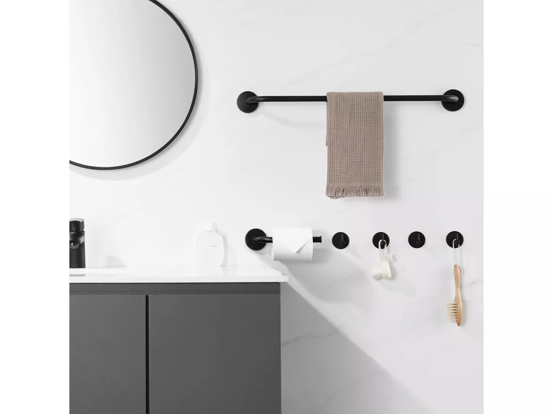 Auralum Max Accessoires Salle Bain,Acier Inoxydable,Noir, Porte Serviette Mural(1 Pièce),Porte-rouleau de Papier Toilette(1 Pièce),Crochet,(4 Pièce)
