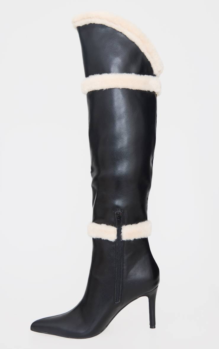 Noir Bottes Cuissardes À Talon Aiguille Haut En Synthétique Blanche Et Bout Pointu En SYNTHÉTIQUE