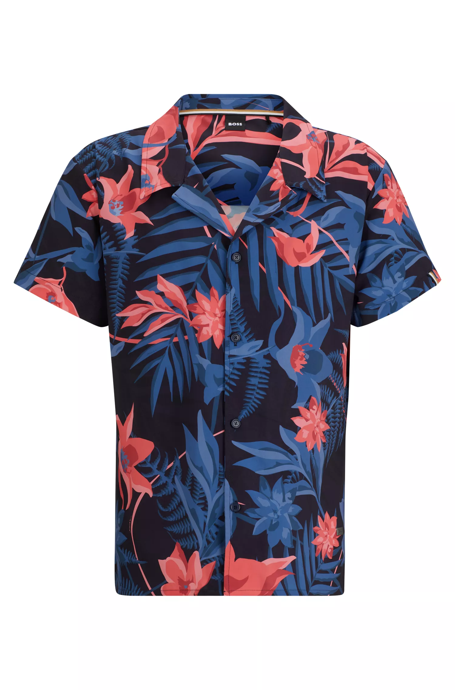 Camisa BOSS preta de corte regular com estampa tropical por toda a peça.