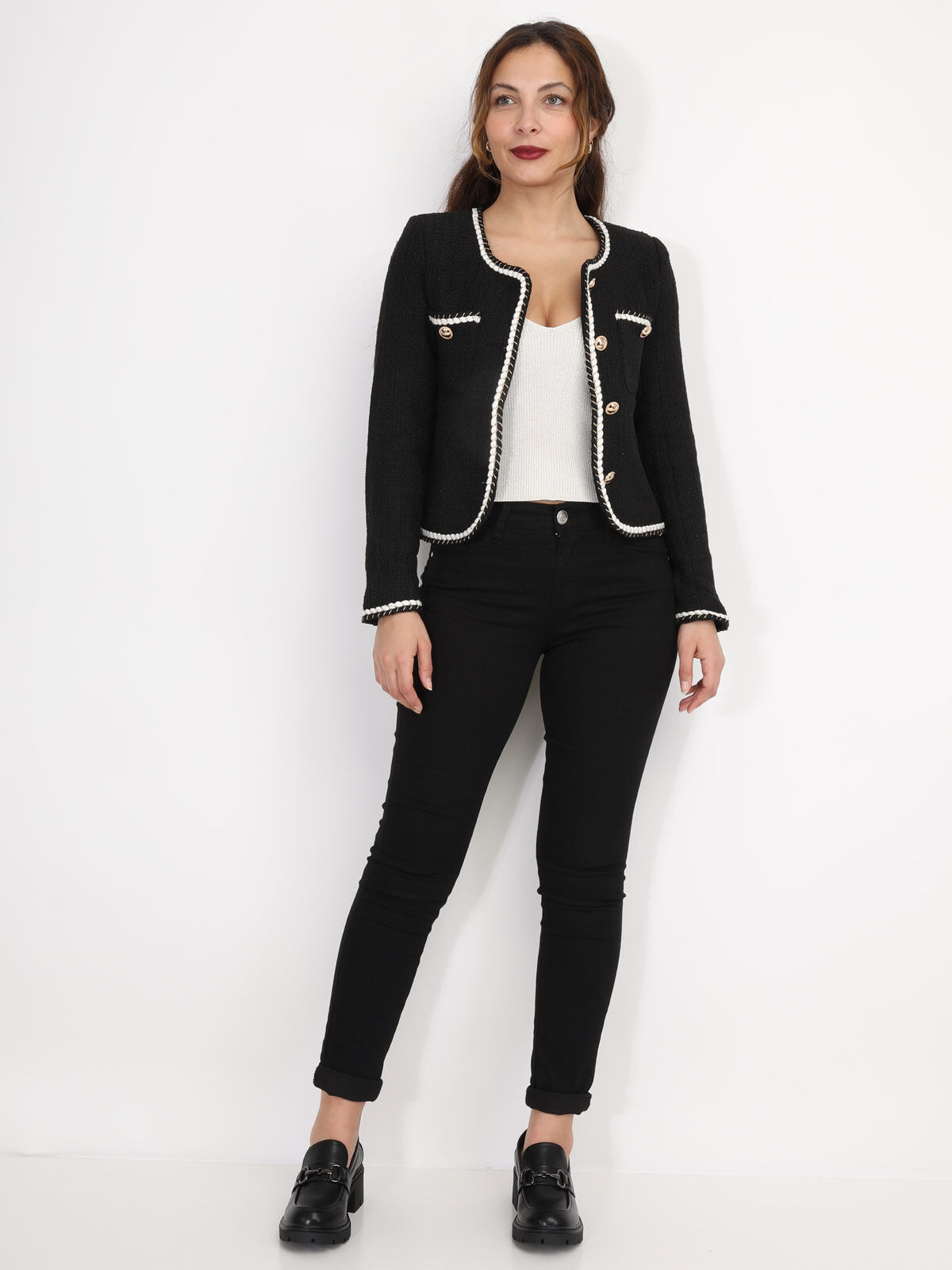 Veste en tweed à boutons et liserés torsadés- Noir