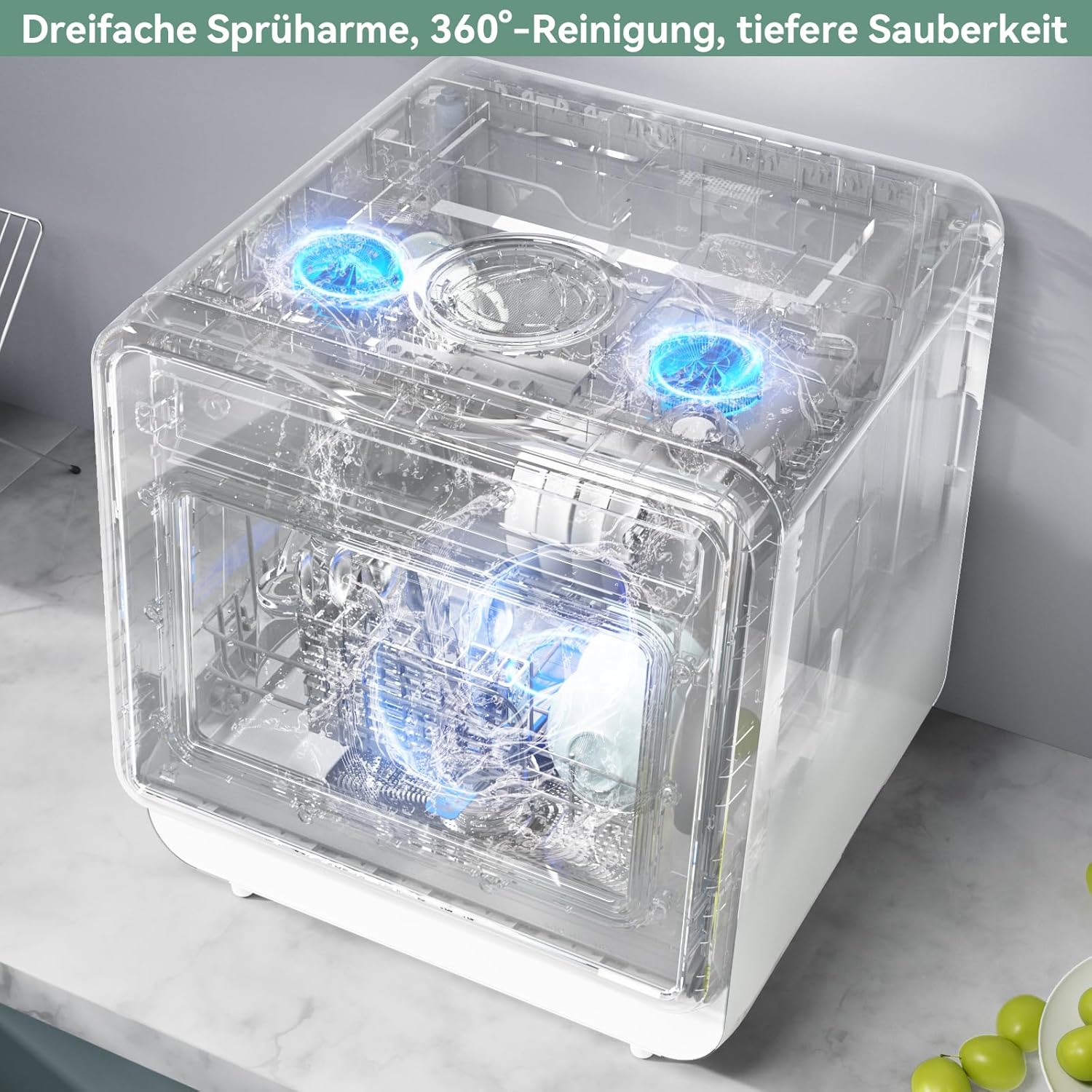 Mini Geschirrspüler ohne Wasseranschluss, Tischgeschirrspüler mit Farb-Touchscreen, Kleine Spülmaschine mit 3 Sprüharme, 5 Gedecke, 5+3 Programme, Energieklasse C