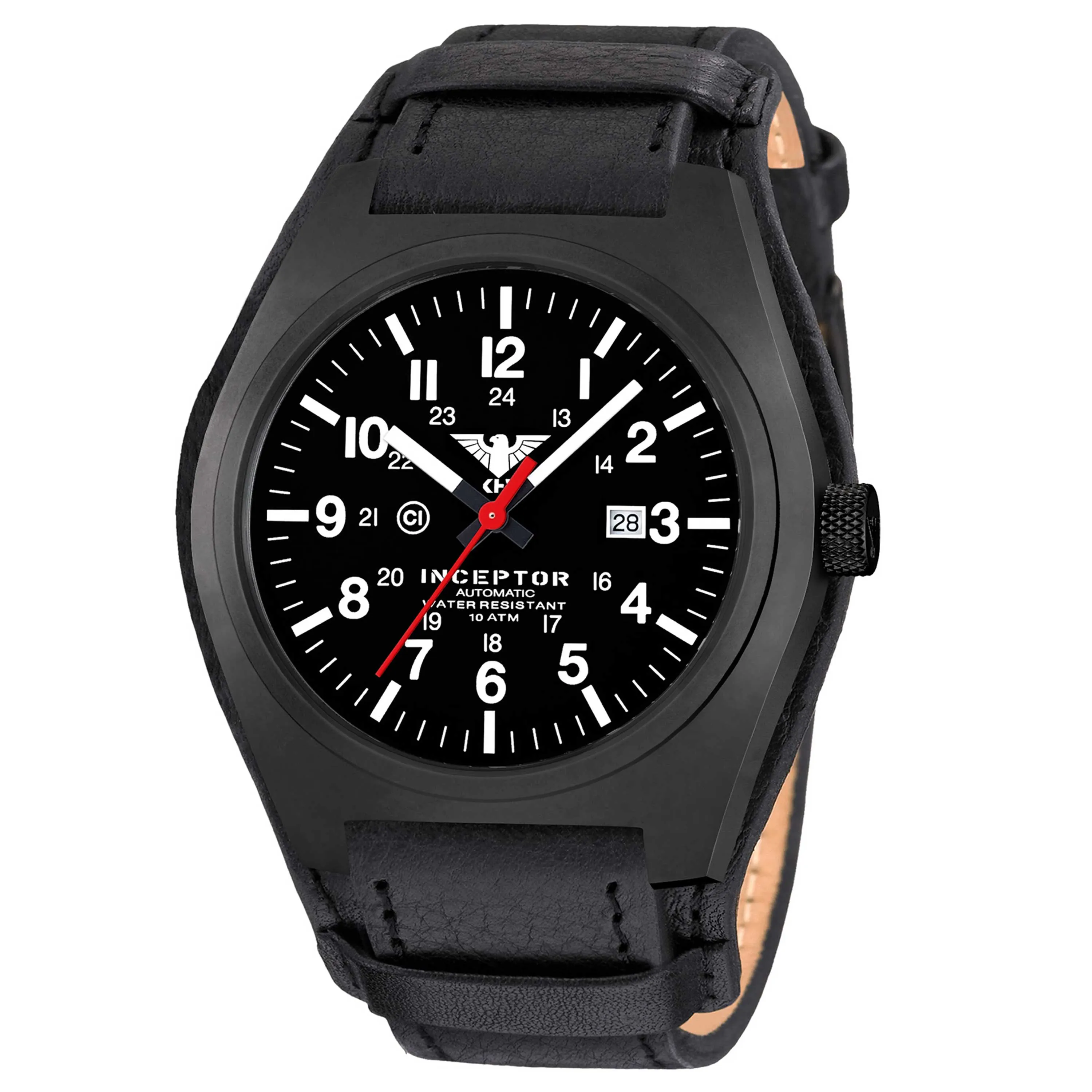 KHS -  Armbanduhr Inceptor Black Steel Automatic Lederband G-Pad