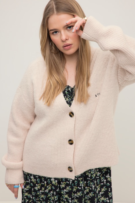 Strickjacke, oversized, Rippstrick, V-Ausschnitt, Langarm, Stickerei