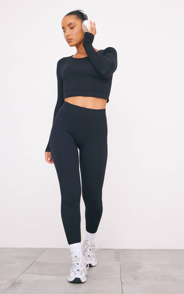 Noir Legging Côtelé Sculptant À Détails Contour