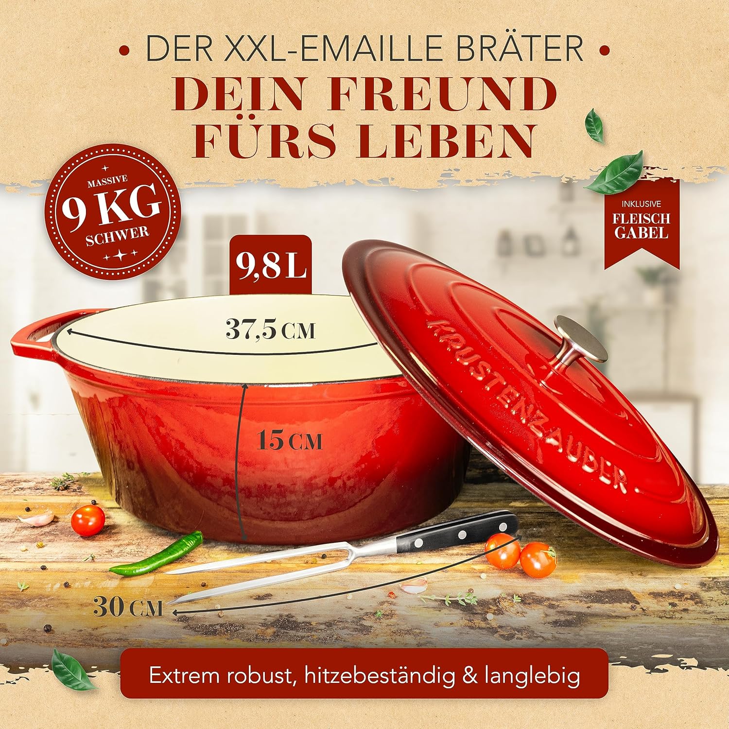 KRUSTENZAUBER 37,5cm Gusseisen Bräter mit Deckel backofengeeignet inkl. Fleischgabel - Großer ca. 10l Gänsebräter - Idealer Topf XXL, Schmortopf Kazan Gusseisen Bräter Induktion Oval