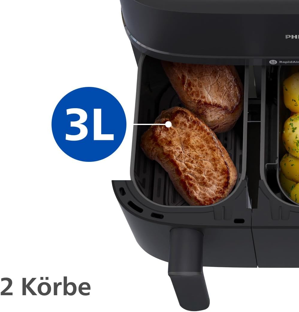 Philips Steam Airfryer 5000 Series Dual Basket Heißluftfritteuse mit Dampfgar-Funktion & 2 Körben – Steam, Airfry, SteamFry, 9L (3L+6L), RapidAir Plus, automatische Dampfreinigung (NA550/00)