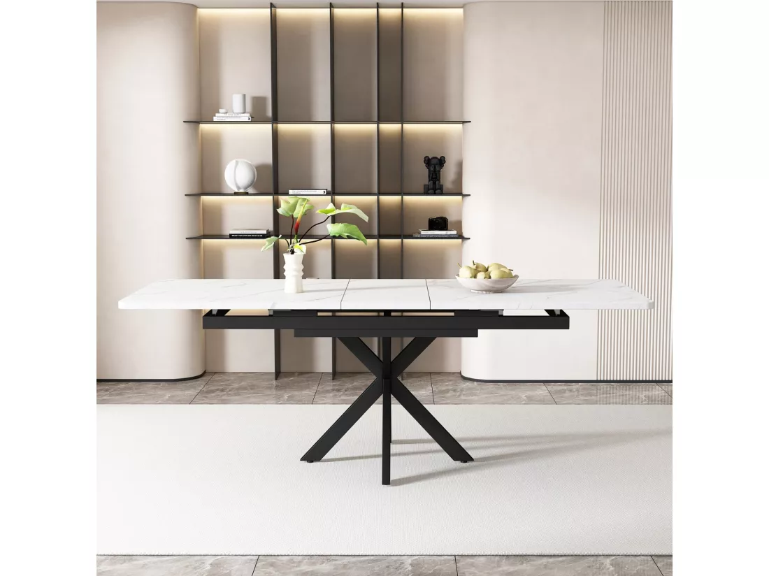 Table à manger extensible 150/180cm - 4 à 8 personnes - Effet marbre blanc en MDF et pieds noir en métal