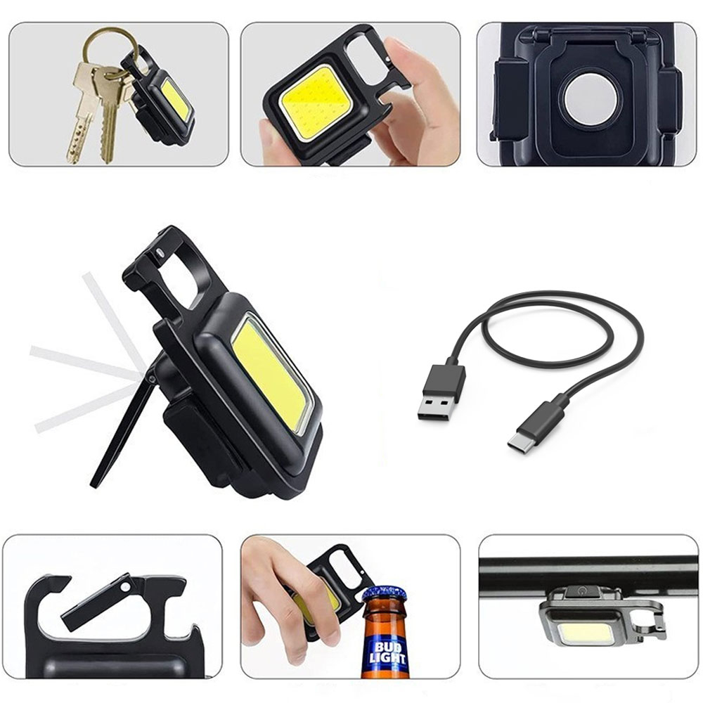 200LM LED Mini COB Taschenlampe Schlüsselanhänger mit Magnet   Aufhängehaken IPX4 - Schwarz