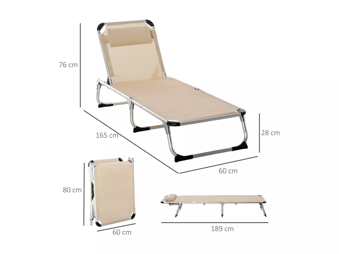 Bain de soleil transat pliable grand confort dossier réglable multi-position tétière alu. textilène beige