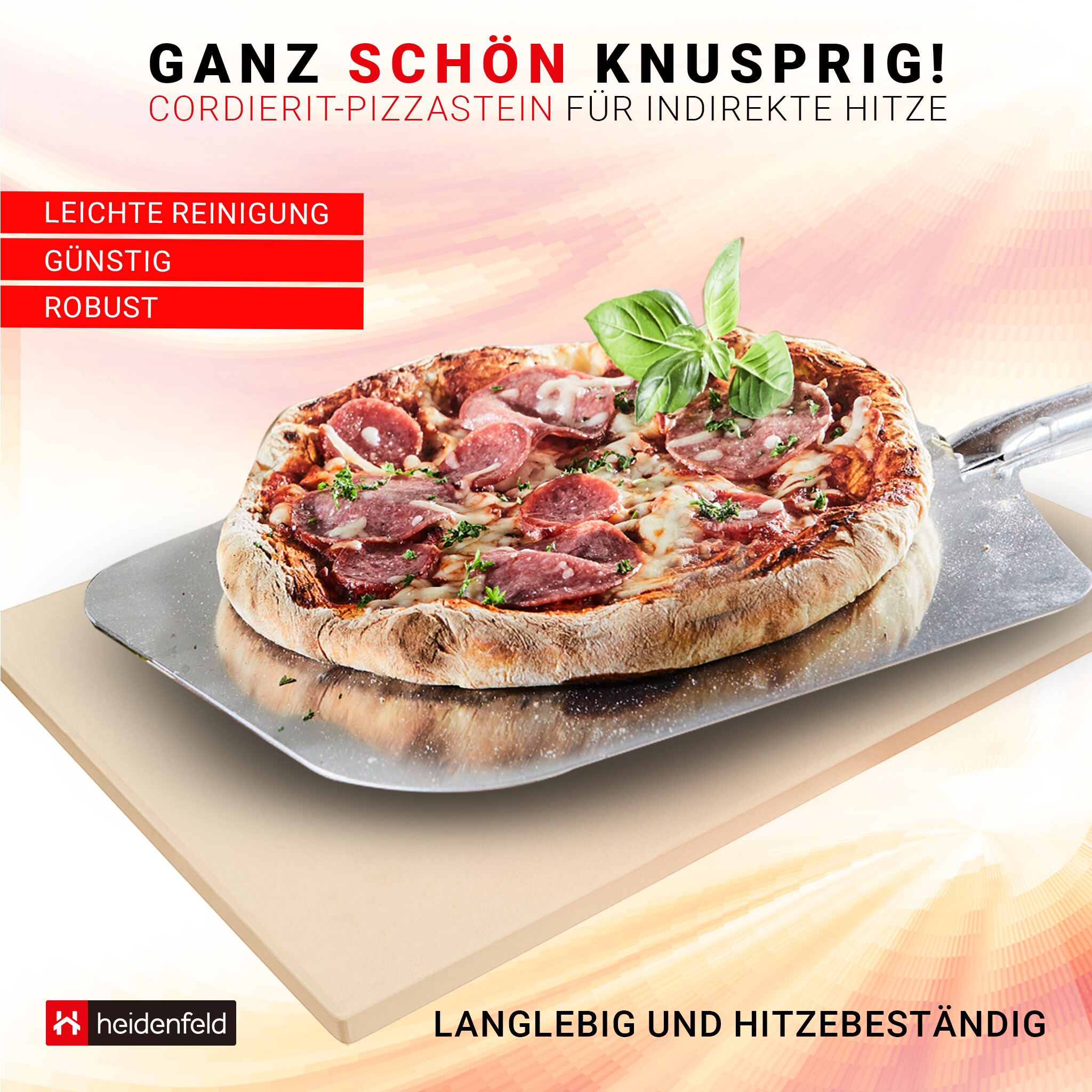 Heidenfeld XXL-Pizzastein, 46,5 x 35,5 x 1,5 cm, rechteckig, Cordierit, für Backofen oder Grill