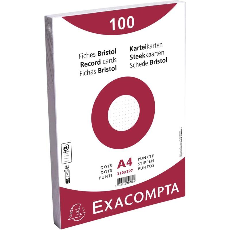 Paquet 100 fiches sous film - bristol dots non perforé - 210x297mm - Blanc