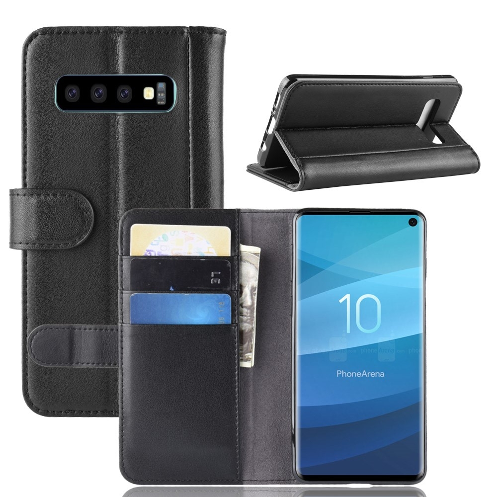 Samsung Galaxy S10 Echtleder Tasche Flip Cover mit Kartenfächer - Schwarz
