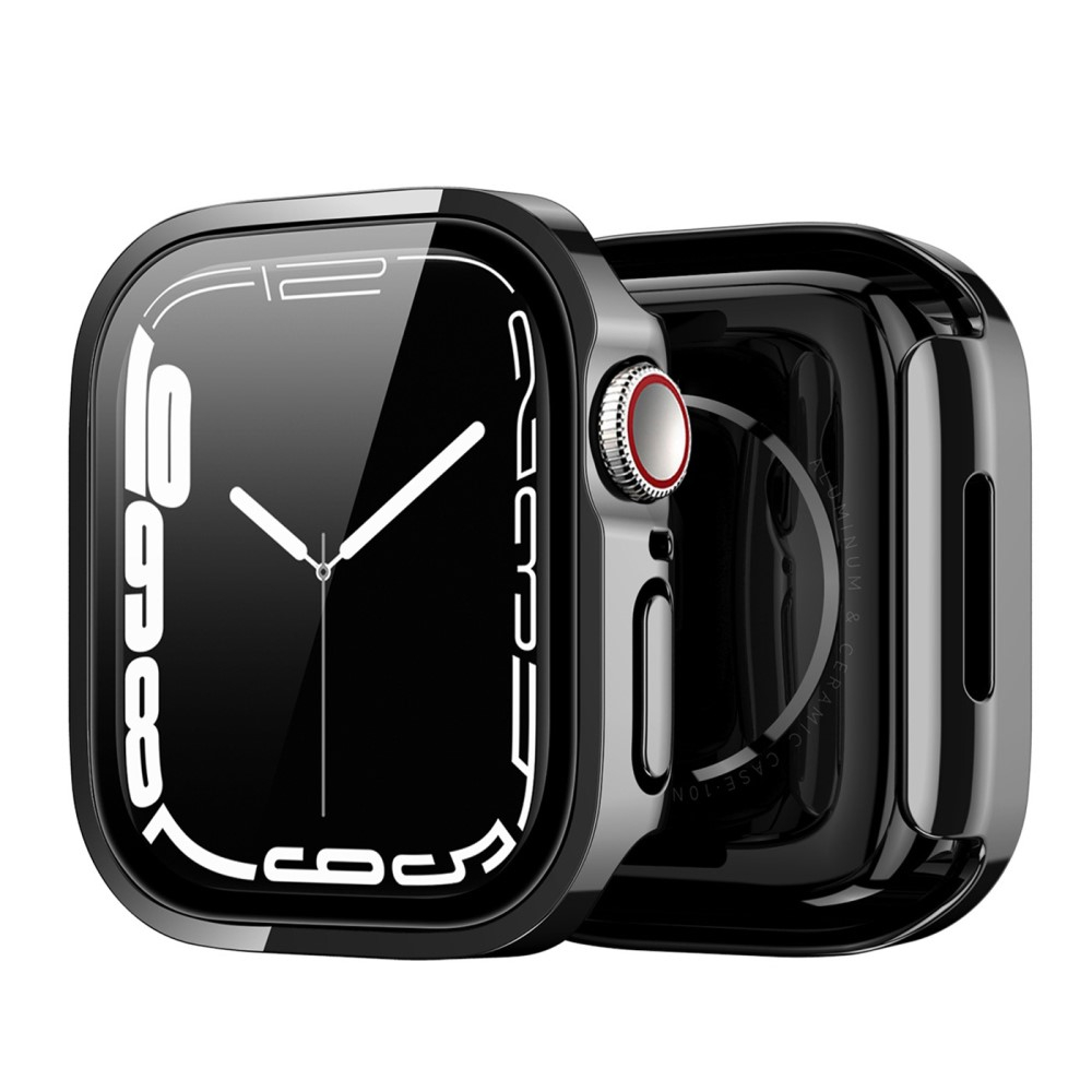 Apple Watch (44mm) Hardcase Bumper Hülle mit Galvanisiertem Rahmen   Display Schutzglas - Schwarz