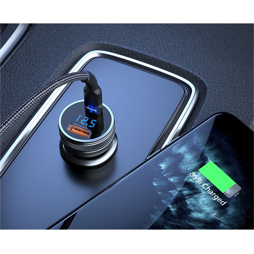 Aluminium (36W / 3A) PD 3.0  Universal USB C / USB A Auto KFZ Ladegerät mit Digital Display   Power Delivery 3.0   Quick Charge 3.0 - Grau