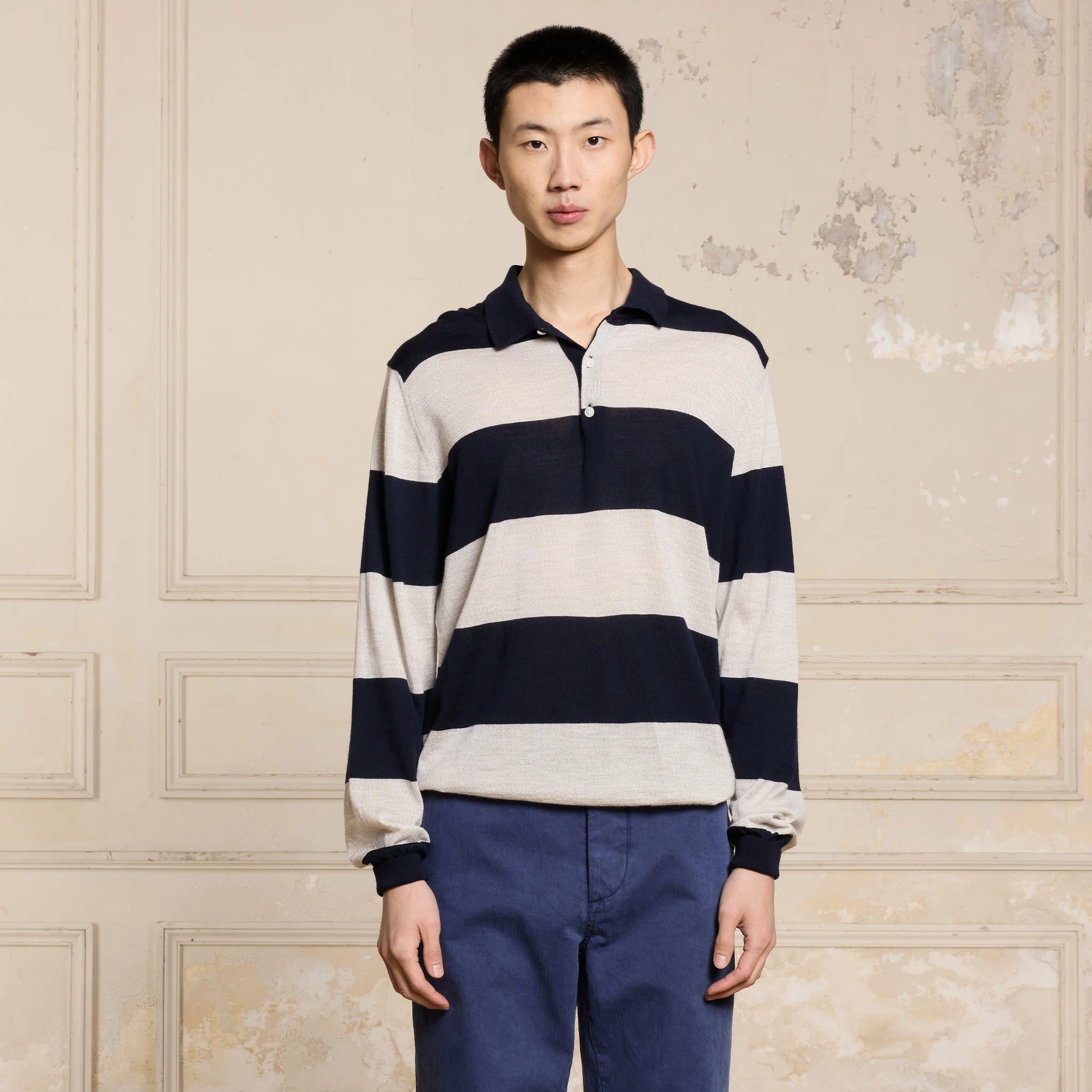 Striped extra-fine merino wool polo collar sweater