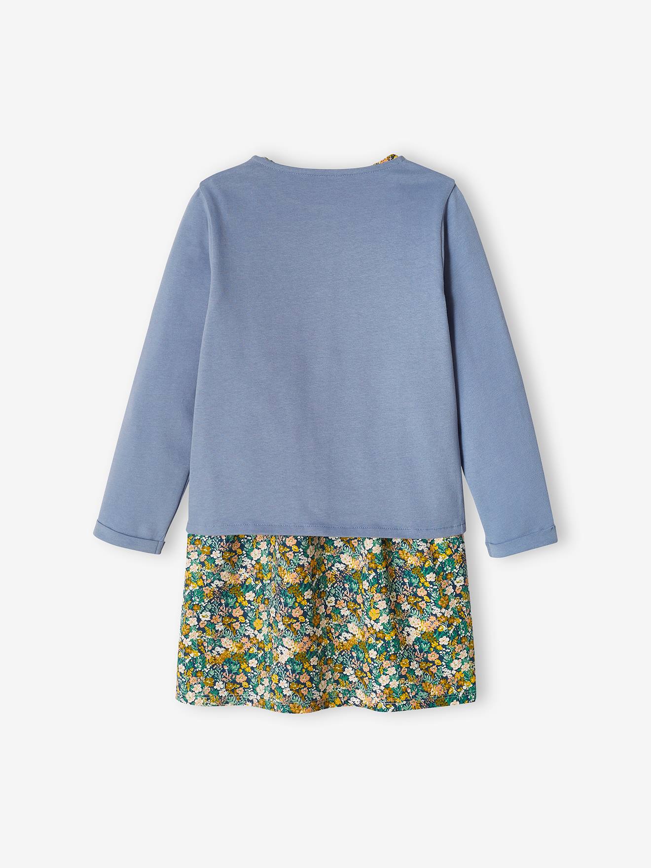 Conjunto de vestido e casaquinho infantil, azul médio liso