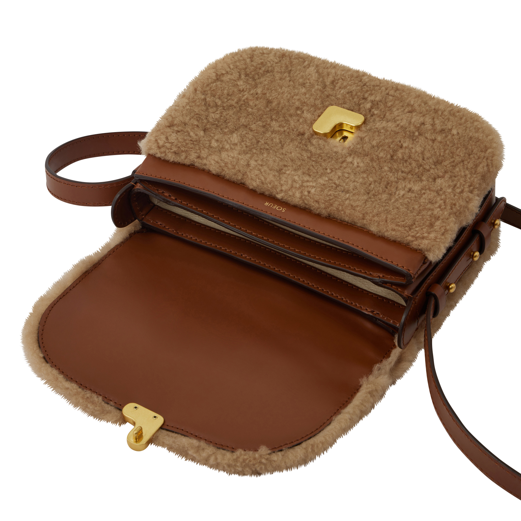 BELLISSIMA MINI - Sac bi-matière en cuir glacé et shearling| Marron