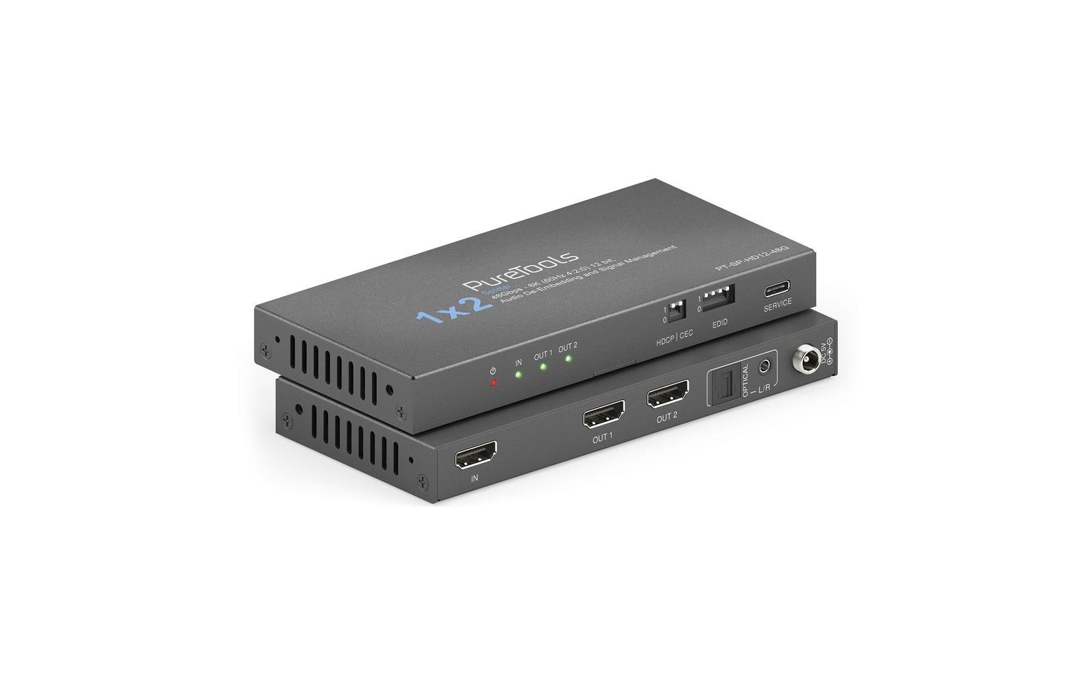 Splitter PT-SP-HD12-48G 1 x 2 HDMI 2.1 - 48Gbps - 8K<br>PureTools - 1 x 2 HDMI2.1 Splitter - 48Gbps - 8K (60 Hz 4:2:0) 12 bit, Audio De-Embedding und Signal Management