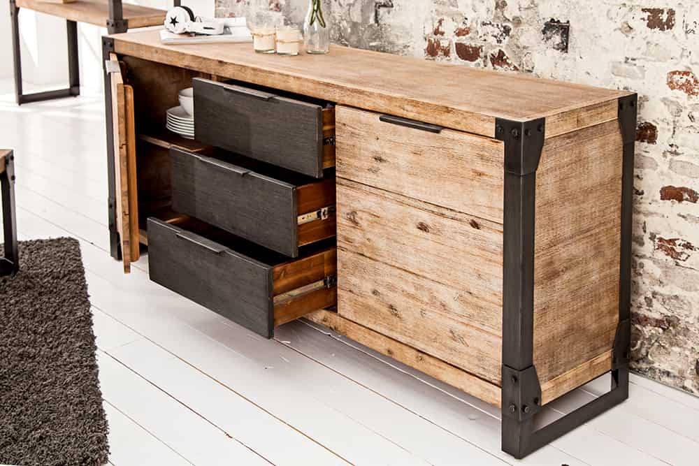 Industrial Sideboard FACTORY 180cm Akazie Massivholz weiß gekälkt Kommode mit Schubladen