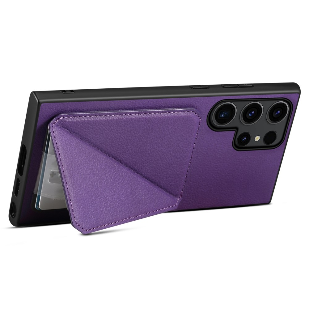 Samsung Galaxy S24 Ultra Leder Hülle mit Kartenfach   Origami Kickstand Aufsteller im Litchi Look - Violett
