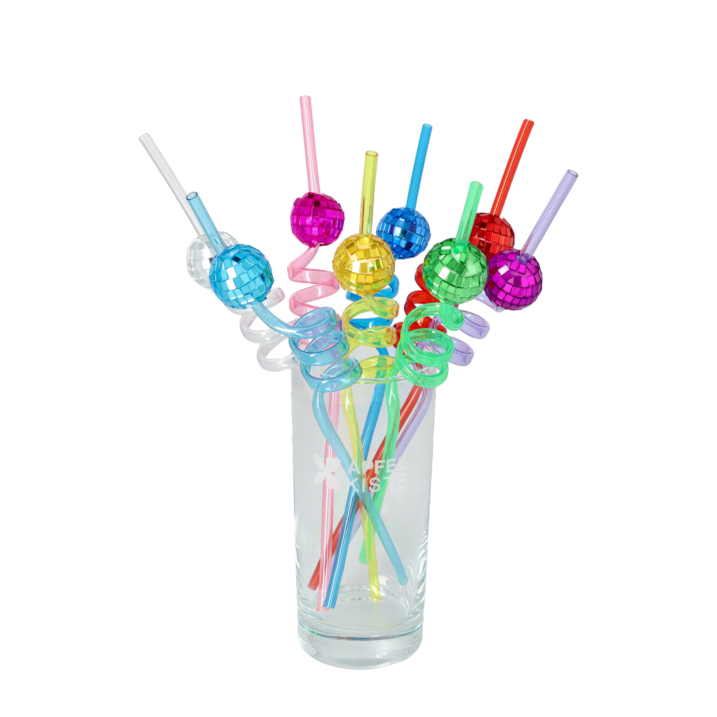 (8er Set) 26cm Wiederverwendbare Party Spiral Strohhalme Discokugel Trinkhalme inkl. Reinigungsbürste - Bunt