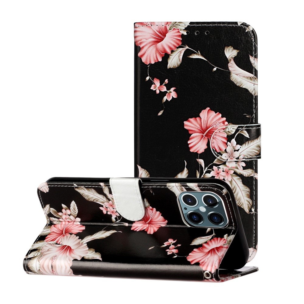 iPhone 12 / iPhone 12 Pro Leder Tasche Flip Cover Rosa Azalea Blumen - Schwarz
