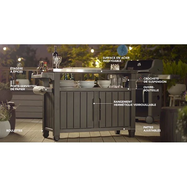 Desserte de jardin en résine et plateau inox 2 portes