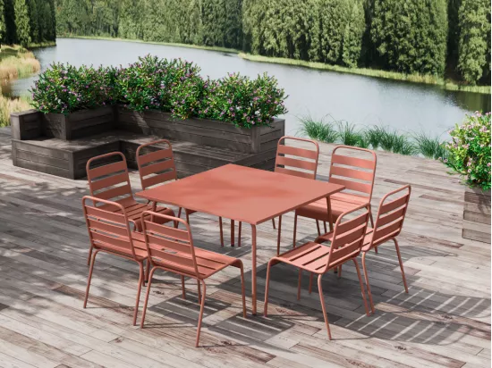 Salle à manger de jardin en métal - une table L.120 cm et 8 chaises empilables - Terracotta - MIRMANDE de MYLIA