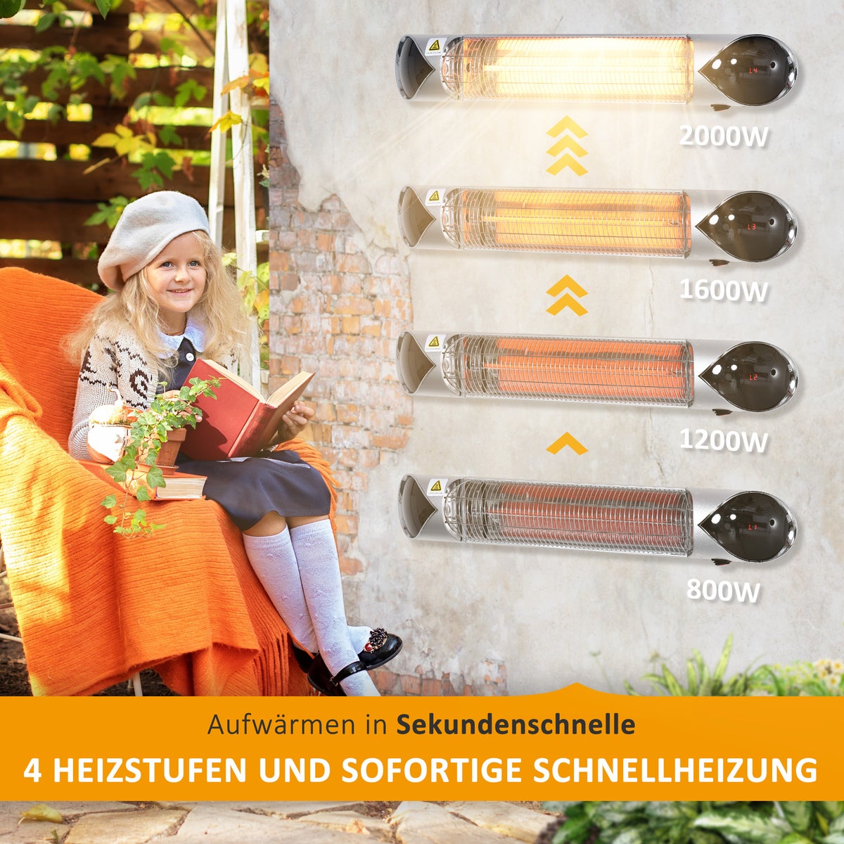 Outsunny elektrische kachel, 4 warmtestanden 800/1200/1600/2000W met afstandsbediening, waterdicht, 88 x 13 x 9 cm, aluminium, zilver