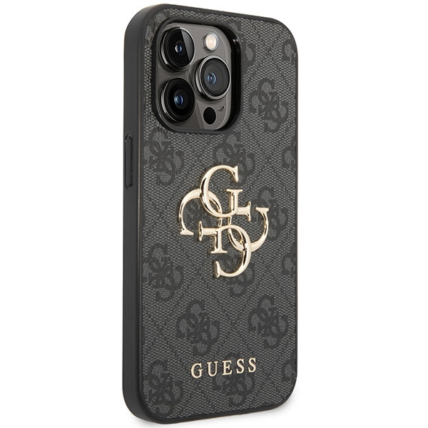 iPhone 15 Pro Max Leder Hardcase Hülle Metall Logo (GUHCP15X4GMGGR) - Grau / Gold