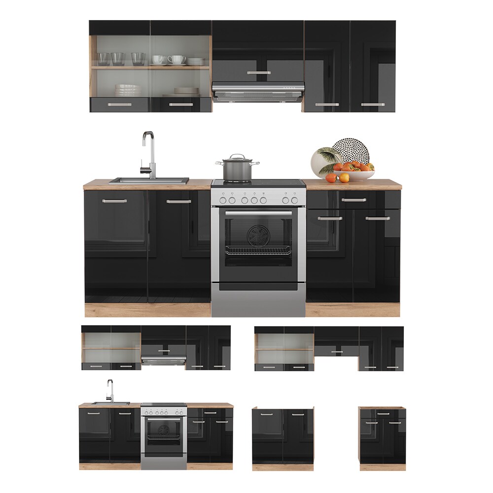 Vicco Küchenzeile R-Line Solid Eiche Schwarz 200 cm modern Küchenschränke Küchenmöbel