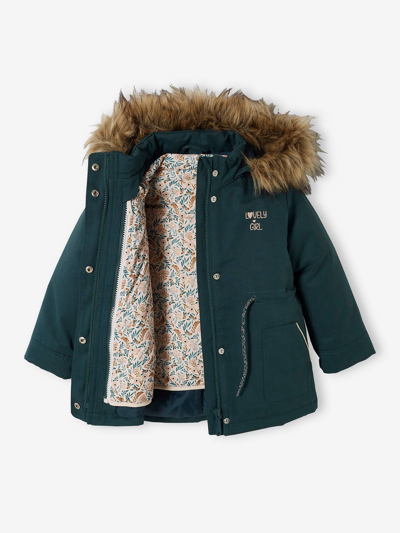 Parka com capuz 3 em 1, verde-escura lisa para meninas