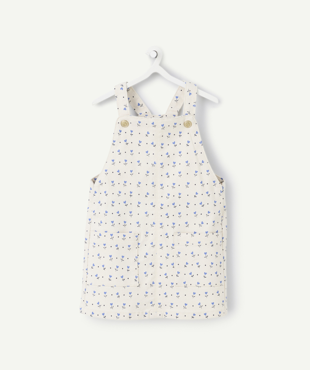 robe salopette bébé fille en fibres recyclées écru avec petites fleurs bleu