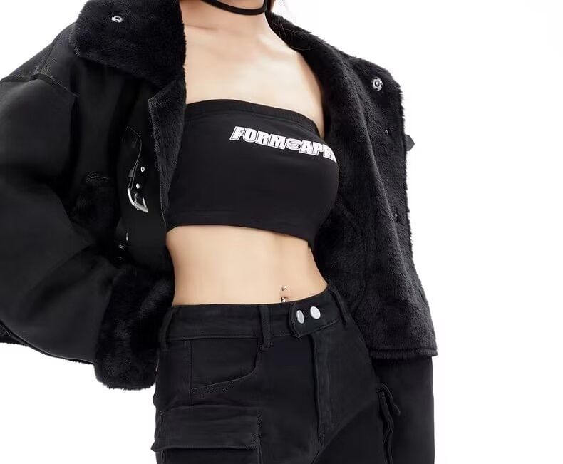 Ragistiq - Hoge taille, effen denim cargobroek met uitsparingen en gespen